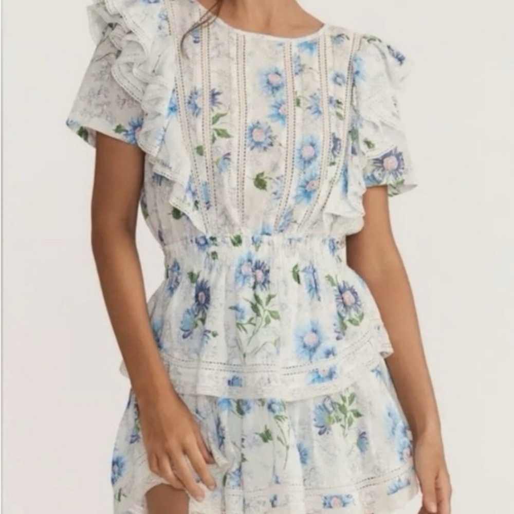 LoveShackFancy White and Blue Ruffled Mini Sundress